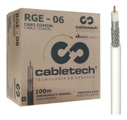 Cabo Coaxial Rg6 Branco 60% Malha Bobina 100m Cabletech