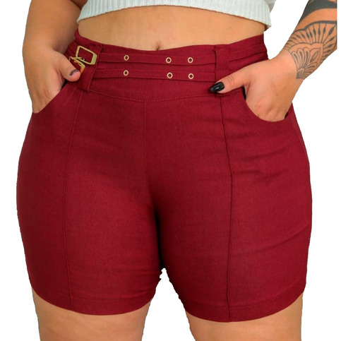 Shorts Feminino Plus Size Cintura Alta Lycra Com Bolso Cinto