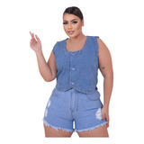 Short Jeans E Colete Botão Encapado Conjunto Jeans Plus Size