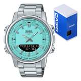 Reloj Casio Amw 880d 2a2 Acero Hora Doble Illuminator 50m Correa Plateado Bisel Plateado Fondo Celeste