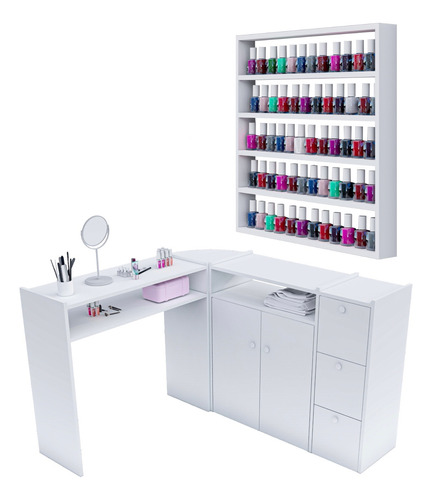 Mesa Manicure Em L Completa + Porta Esmaltes Premium Top    