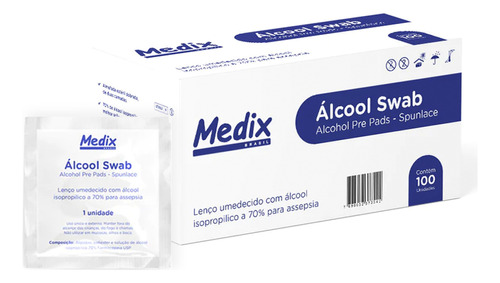 Lenço Umedecido Swabs Álcool Para Assepsia Medix Kit 500un