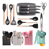 Kit Utensílios De Cozinha Colheres Silicone Faca Tabua 19 Pç