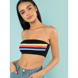 Croptop Bandeau Negro Con Líenas Multicolor Shein