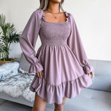 Vestido Acampanado De Manga Larga Con Volantes, Ropa Popular