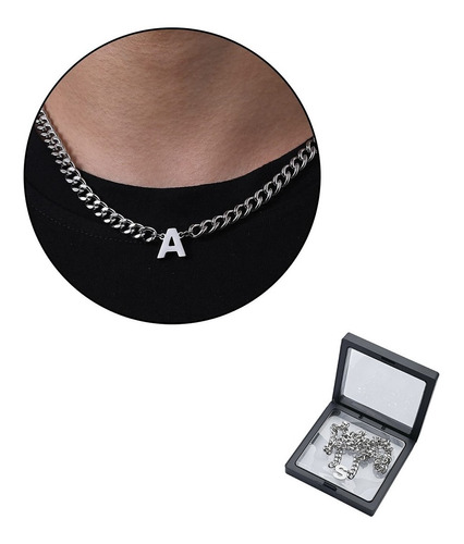 Collar Cubana De Acero Inoxidable Con Dije A-z Para Hombre