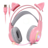 Headset Gamer Fone Usb P2 Rgb Xbox Ps4 Pc Orelhas Gato Rosa