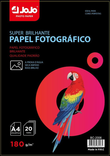 Papel Foto Glossy 180g A4 À Prova D´água 100 Folhas Jojo 