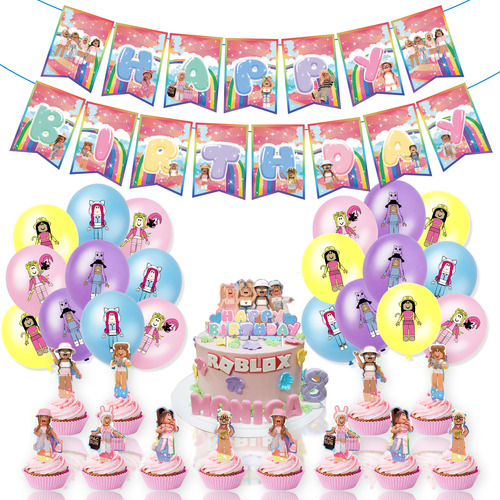 Kit Globos De Cumpleaños Decoración Pink Roblox Niñas Fiesta