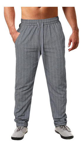 Pantalón Rayas Casual Hombre Con Algodón Y Lino