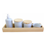 Kit Higiene Porcelana Branco Bandeja E Tampa Madeira