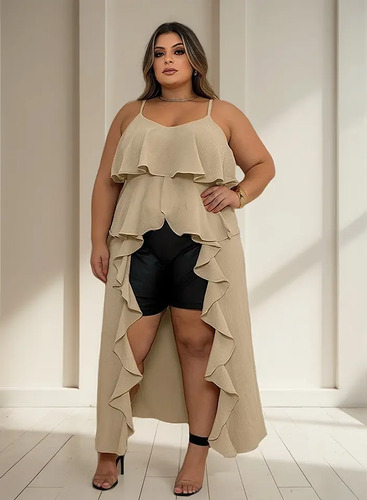 Bata Plus Size Túnica Alcinha Crepe Duna Boho Chic Camadas