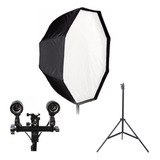 Kit Softbox Sombrinha 120cm C/ Suporte E27 Duplo + Tripe 2mt Cor Da Estrutura Preto Cor Da Luz Branco-frio, Quente 110v/220v (bivolt)