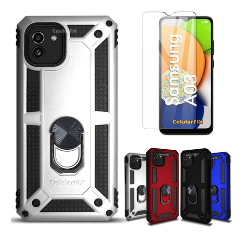 Funda P/ Samsung A03, Uso Rudo C/ Anillo Sujetador + Cristal