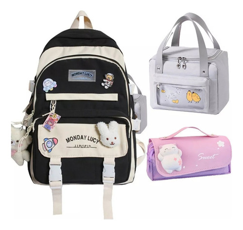 Mochila De 3 Piezas Con Pin Kawaii Y Lonchera Para Bolígrafo Color D