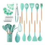 Set 30 Utensilios Cocina Mango Silicona Y Madera Repostería