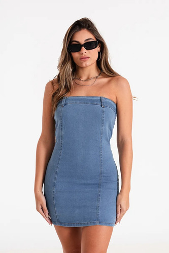 Vestido Denim Elastizado Strapless