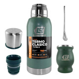 Termo Acero Inox Lusqtoff 750cc Mate 300ml Bombilla Combo Color Verde