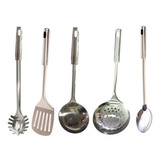 Set 5 Utensillos Cocina Acero Cucharon Espumadera Espatula X