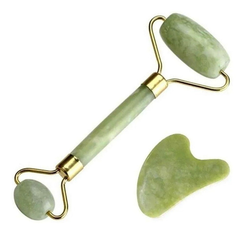 Rolo Pedra De Jade + Placa Gua Sha Massagem Facial Anti Ruga