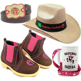 Kit Bota Infantil Feminino Chapeu Mm Cinto Caneca Brutinha