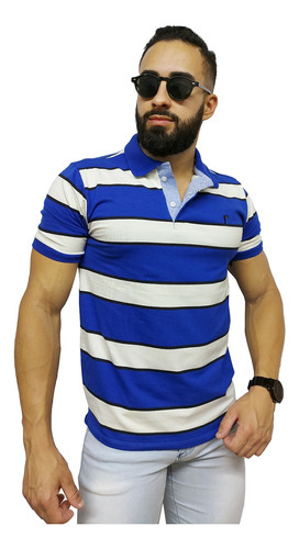 Camisa Masculina Listrada Gola Polo Original Manga Curta