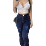 Conjunto Cropped Com Bojo Renda Grippir + Calça Jeans  Lycra