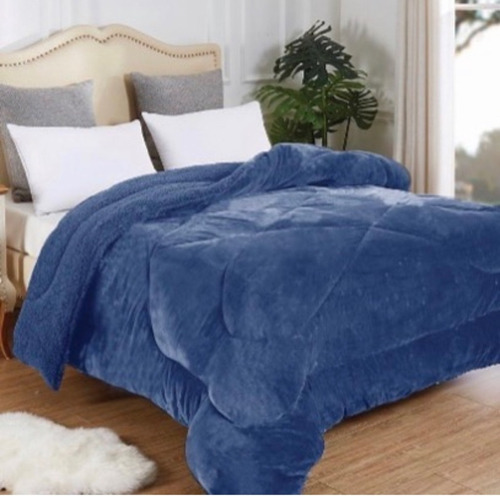 Edredon Acolchado Flannel Con Corderito Liso Queen Size 2 Pl