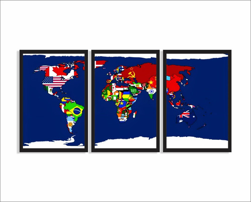 Quadros Decorativo Mapa Mundial Bandeiras Para Sala Quarto