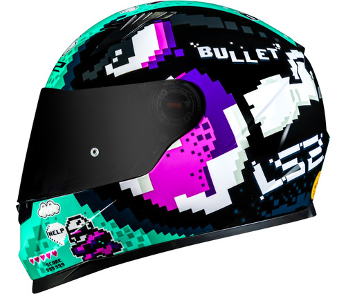 Capacete Moto Norisk Ff391 Pixels Azul Rosa + Viseira Fumê