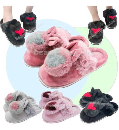 Pantuflas Peluche Moño Bicolor Antideslizante Invierno 