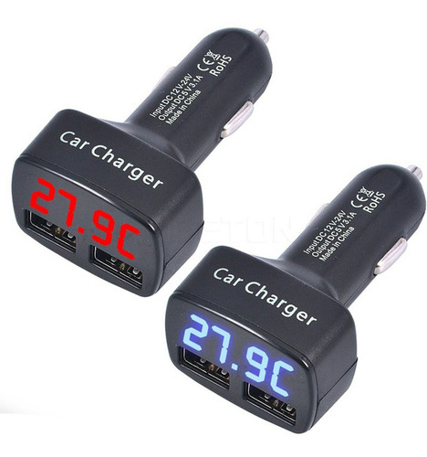 Cargador Carro Celular Usb Doble Amperímetro Temperatura 