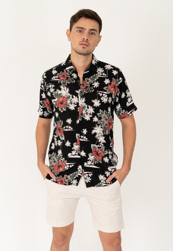 Camisa Hombre Negro Pato Pampa M/corta Fibrana Flor Palmera