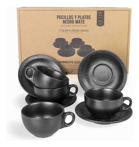 Pocillo Y Plato Negro Mate 260 Ml Setx4 Ambiente Gourmet