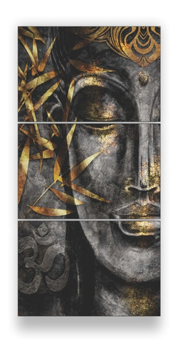 Quadro Decorativo Buda De Pedra Folhas Dourada 3 Pç 120x60