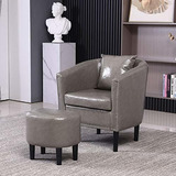 Barrel Accent Chair Ottoman Set Leather Living Room Tub Club