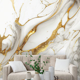 Papel De Parede Painel 3d Mármore Branco Fio Dourado  3m