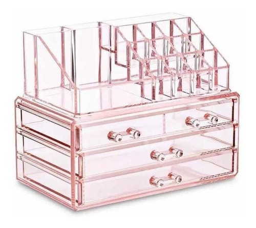 Organizador Maquillaje Acrílico Rosa 4 Cajones Grand+ 16 Div