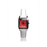 Reloj Mujer Casio Ltp1339l-7a Malla Cuero Blanco Fondo Rojo Color Del Bisel Plateado