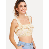 Croptop Amarillo Cuadrillé Con Volantes Shein