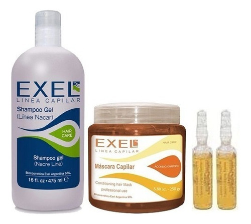 Kit Exel Shampoo + Baño Crema + 2 Ampollas Keratina Alisado
