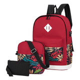 Mochilas Backpack Impermeable Puerto Usb Set 3pzs Color Rojo2