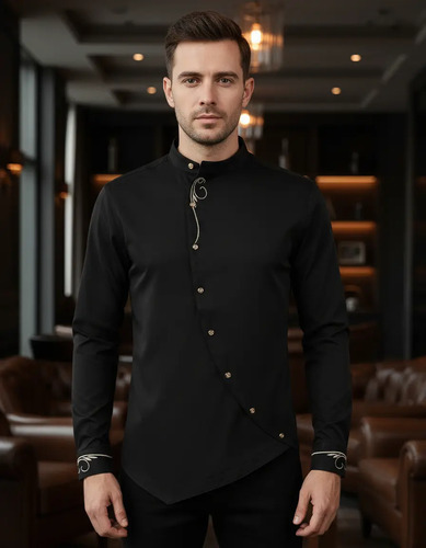 Camisa Para Hombre Botones Oblicuos Detalles Bordados Fiesta