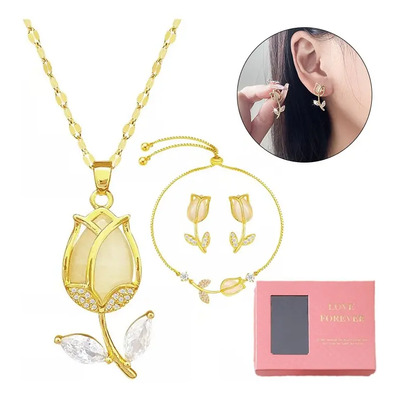 Collar Tulipán Oro Cadena 18k Joyería De Lujo Pulsera Aretes Dorado