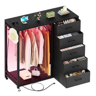 Cómoda 5 Cajones Con Perchero, Comoda Cajonera Con Ruedas Y Luces Led, Mueble Organizador Para Ropa Closet Color Negro | Meses sin interés