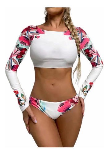 Traje De Baño Top Flores Rosas Manga Larga Bikini Girlboss