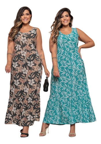 Kit 2 Vestidos Plus Size Longo Estampado Regata Com Babado