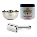 The Shaving Co Kit Crema De Afeitar Sandalo Razor Metal Bowl. Sandalwood Shaving Cream, Vasija De Acero Inoxidable Y Rastrillo De Acero