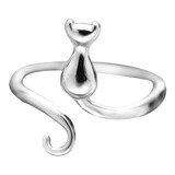 Anillo Gato Con Cola Plata 925, Ajustable Mujer 