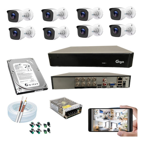 Kit Segurança 8 Câmeras Cftv Completo Full Hd Giga Hilook 